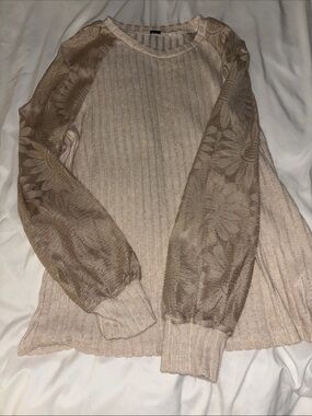 SHEIN Beige Ribbed Knit Sweater with Floral Sheer Sleeves